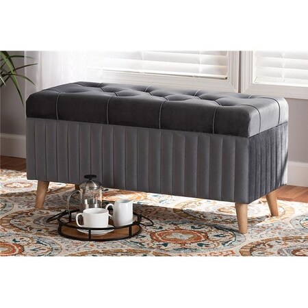 Wholesale Interiors Wholesale Interiors HY2A19B046S-Grey Velvet-Otto Baxton Studio Hanley Grey Velvet Fabric Upholstered Wood Storage Ottoman; Walnut Brown HY2A19B046S-Grey Velvet-Otto